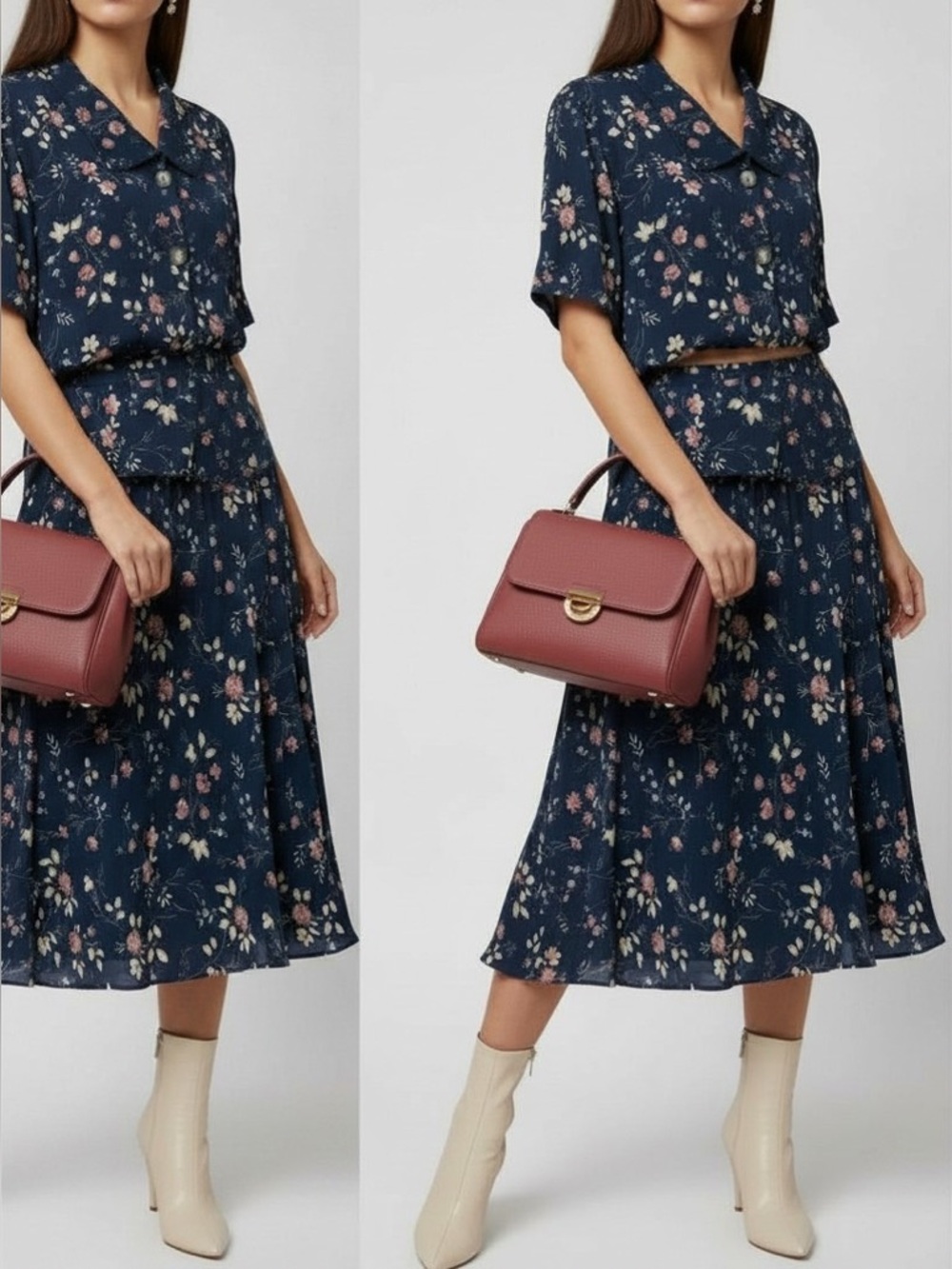 Carole Little Navy Floral Midi Dress with Button-Front Top